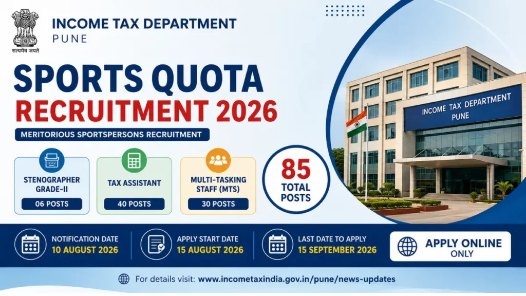 Income Tax Pune Sports Quota Recruitment 2026: Apply Online for MTS, Tax Assistant & Steno Posts