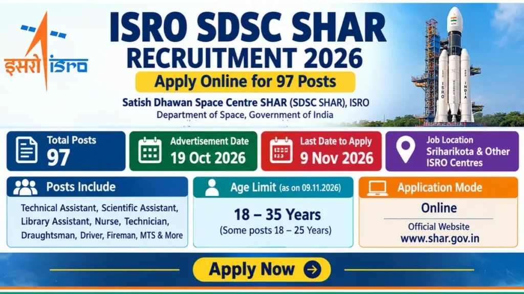 ISRO SDSC SHAR Recruitment 2026: Apply Online for Fireman, Technician, MTS and Other Posts