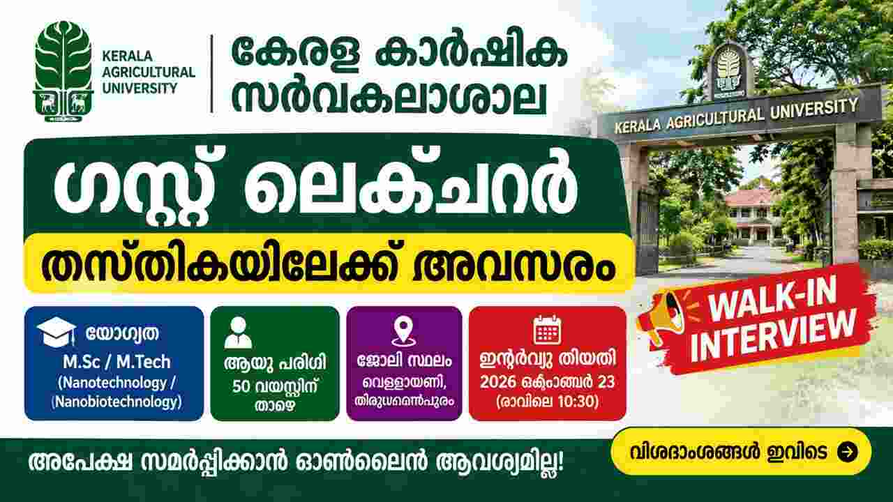 Kerala Agricultural University Guest Lecturer Recruitment 2026 – Walk-in Interview